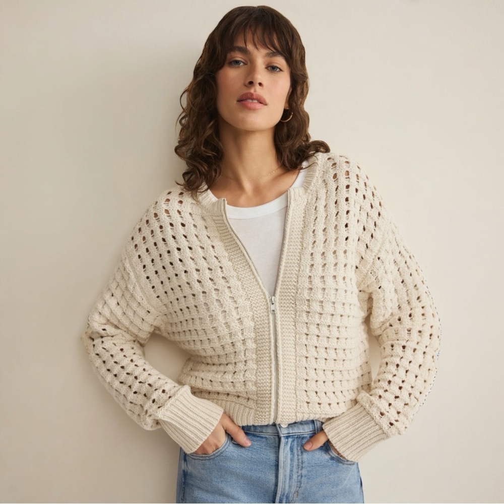 Z Supply Cream Open-Knit Zip Front Sweater Jacket